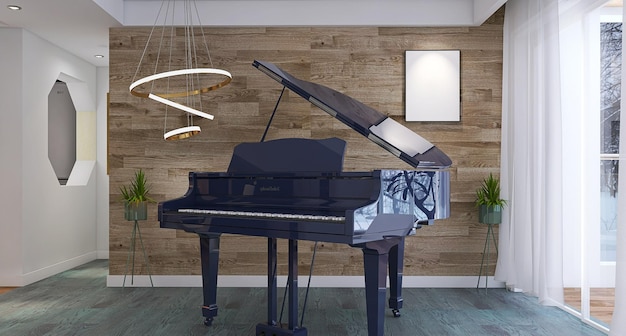 Piano negro en el diseño interior de la sala de estar moderna con fondo de madera de la maqueta del marco del cartel en blanco