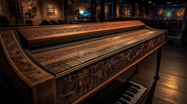 Un piano con un piano de madera tallado al fondo.