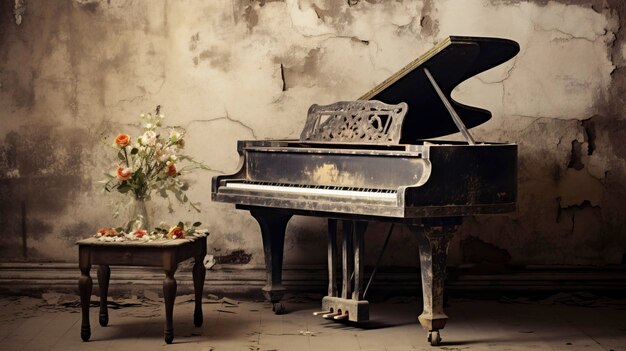 un piano con un piano en la parte superior y una mesa con flores en el fondo