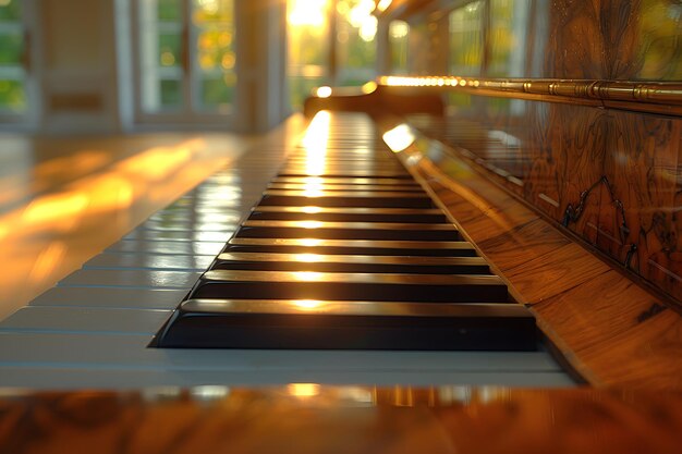 Un piano en un piso de madera desde cerca