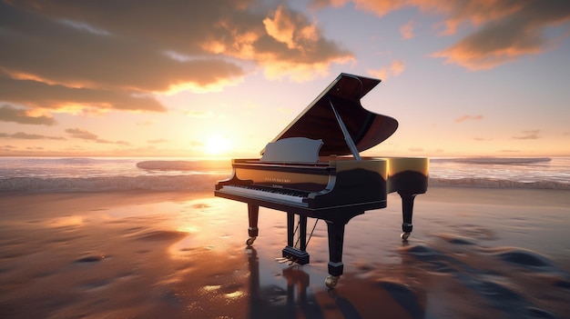 Un piano en la playa con la puesta de sol detrás