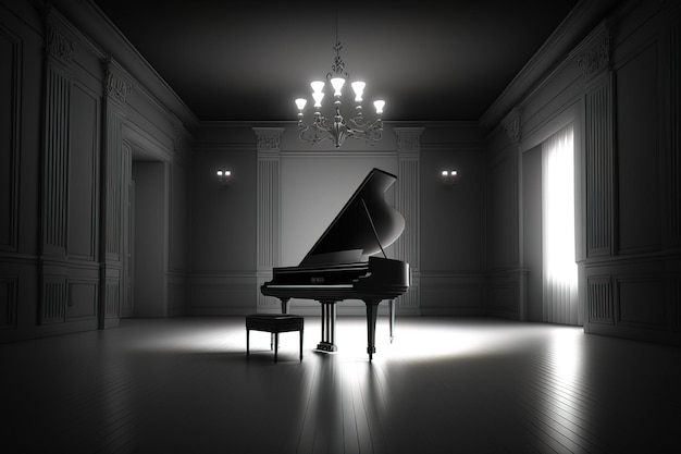 Foto piano preto clássico no meio da grande sala vazia