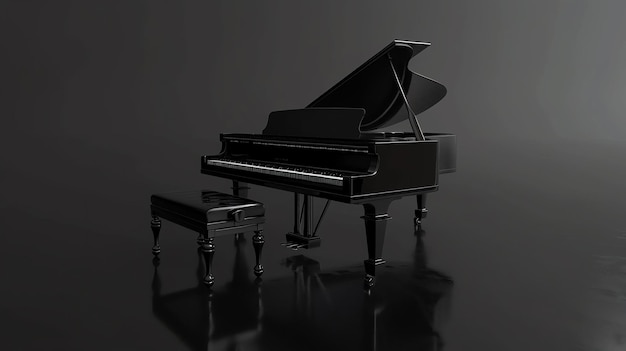 Piano preto com banco em sala escura renderização 3D