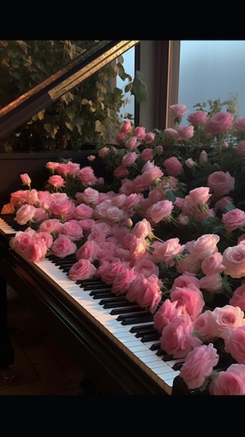 Un piano con un ramo de flores rosas.