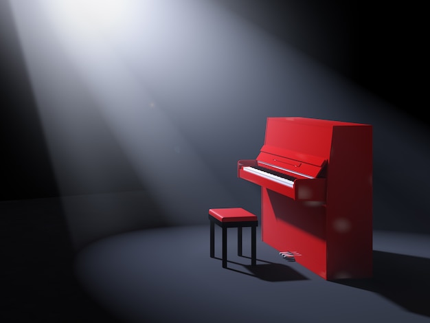 Piano rojo con silla en el escenario