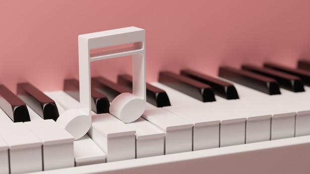 Piano rosa com teclado close up e nota musical no topo instrumento musical piano close up 3d illus