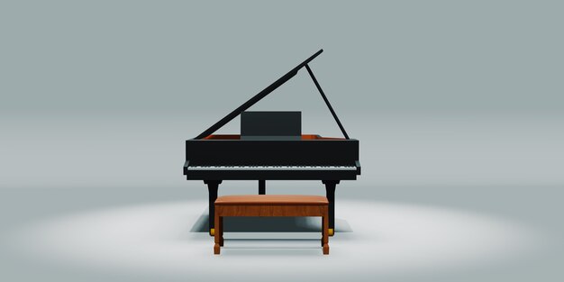 Piano y silla sobre una ilustración 3d de fondo blanco