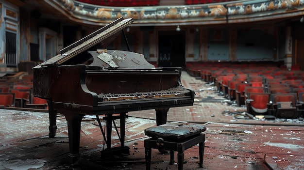 Foto un piano solitario se sienta en un escenario en un teatro abandonado el piano está cubierto de polvo y telarañas