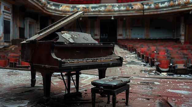 Un piano solitario se sienta en un escenario en un teatro abandonado el piano está cubierto de polvo y telarañas