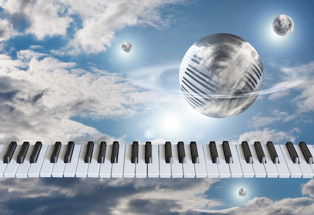 Piano tecla o teclado no céu com nuvens ao redor do globo