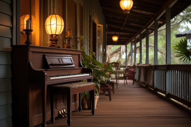 Piano en una terraza de madera con una linterna vintage al lado