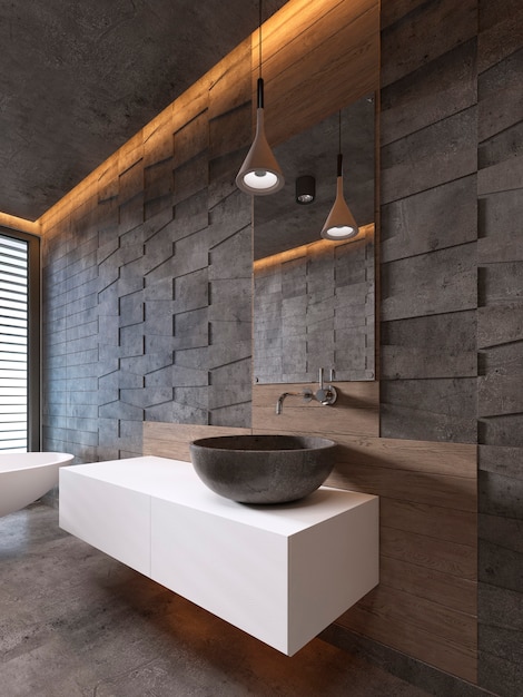 Pias de banho lavatório de pedra de cor branca, estilo contemporâneo. Renderização 3D