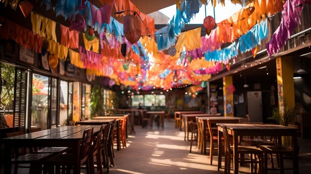 Piatas de colores brillantes colgando del papel tapiz del techo