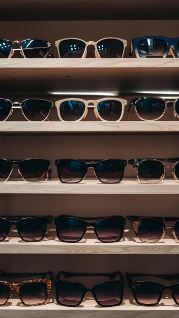 Pic Óculos de sol elegantes exibidos na prateleira da loja incorporando tendências de moda Vertical Mobile Wallpaper