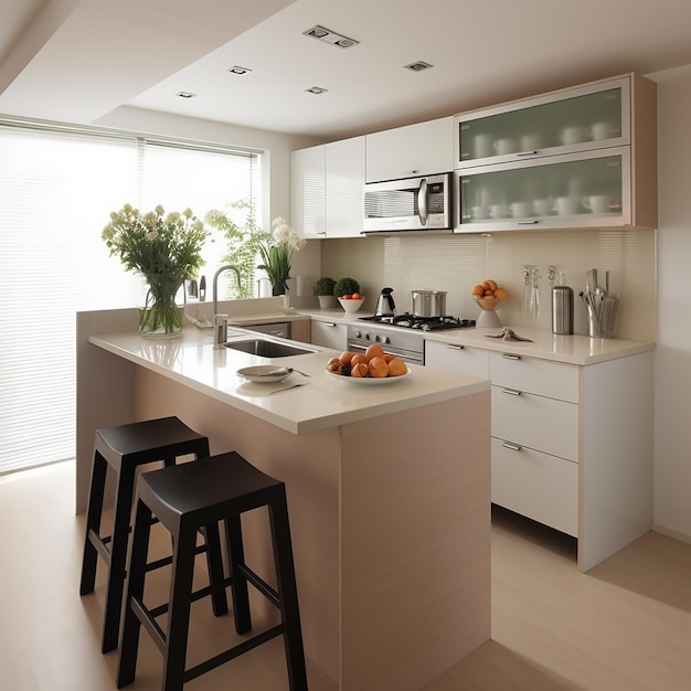 Pic renderizado em 3D de design de interiores de luxo da cozinha no fundo abstrato