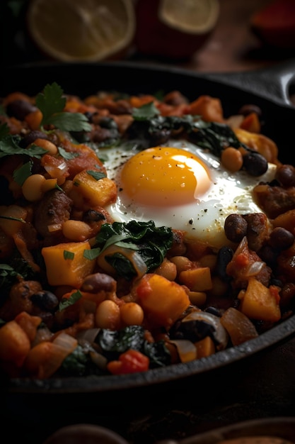 Picadillo americano tradicional con huevos fritos