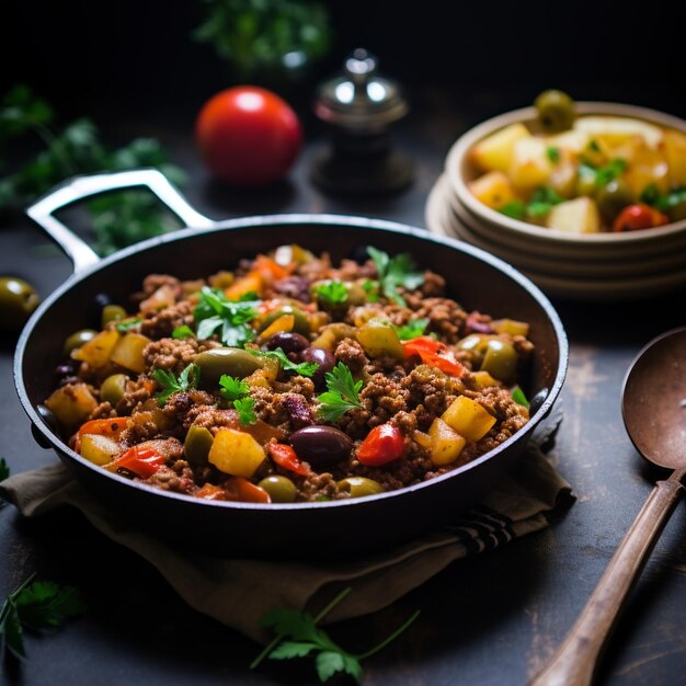 Picadillo saboroso de carne moída com tomates e azeitonas