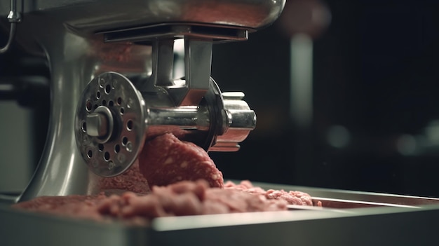 Una picadora de carne en acción que muestra la carne siendo alimentada a través de la máquina.