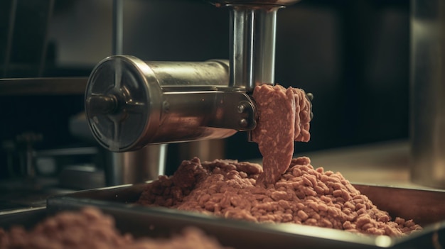 Una picadora de carne que captura el proceso de transformación de la carne en carne molida.