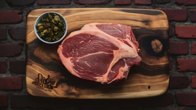 Foto picanha brasileña de carne de resina cruda en una tabla de corte de resina de madera en un fondo de pared de ladrillos