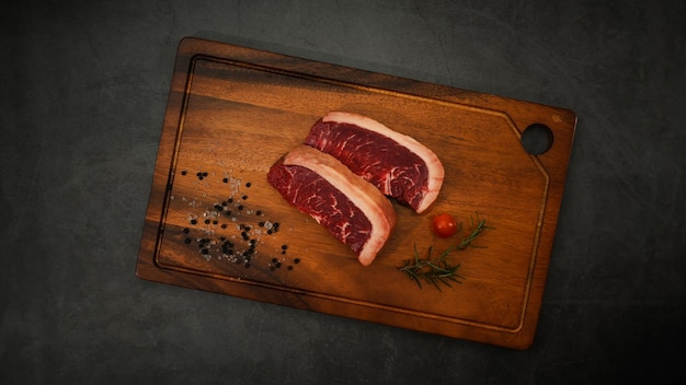 Foto picanha cruda o bistec de carne de cuadril con sal de romero y pimienta sobre tabla de madera vista superior plana sobre piedra gris