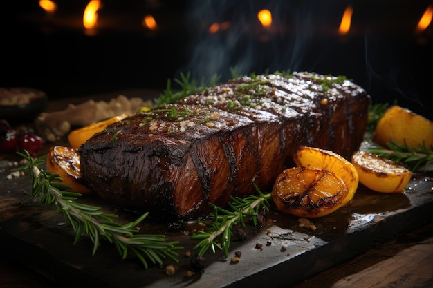 Picanha grelhada com abacaxi e alecrim dançando chamas generativas IA