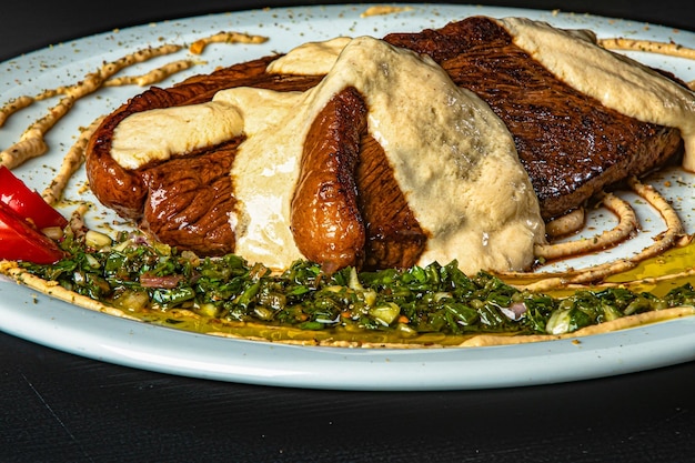 Picanha a la parrilla servida con ensalada y crema