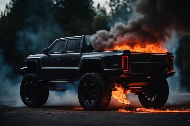 picape elétrica ev suv cyber truck queimando em chamas enquanto as baterias explodiam ilustração