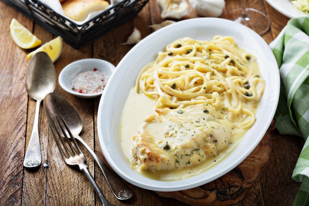 Piccata de pollo con salsa de ajo y limón