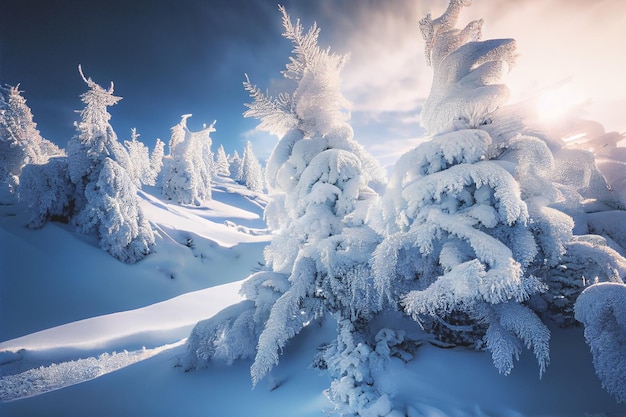 Piceas blancas de invierno en la nieve en un día helado Fondos de pantalla invernales perfectos naturaleza mágica