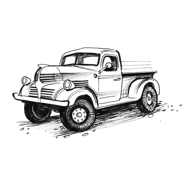 Foto pick-up americano antigo. desenho de tinta preto e branco