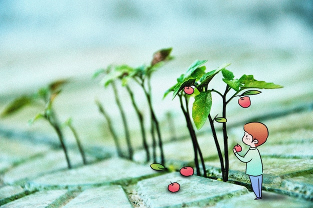 Picking apple: ilustración de fotografía creativa mixta