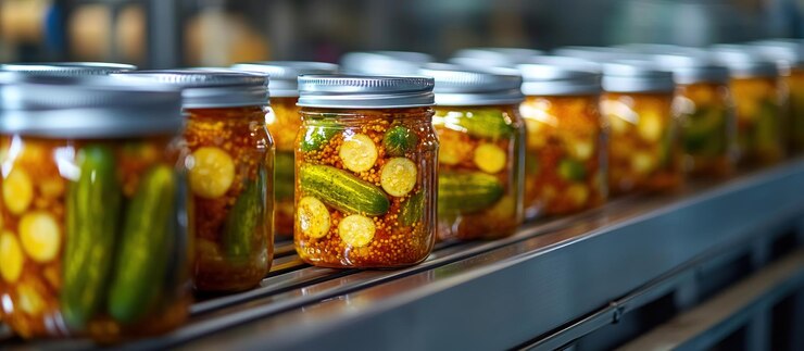 Pickles en frascos en la cinta transportadora