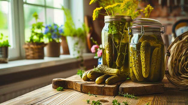 Foto pickles en frascos en una mesa de madera