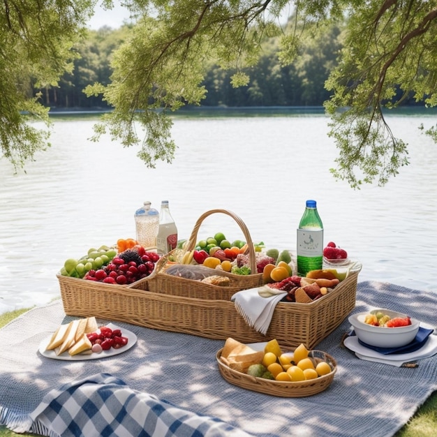 Picknick am See Erfrischende Früchte und gesunde Ernährung in der Natur