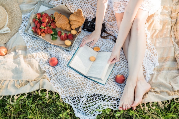 Picknick auf dem Feld im Dorf. Hut, Retro-Kamera. frische Früchte und natürliche Blumen in einem Korb. draußen, im Urlaub entspannen