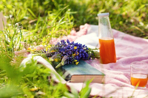 Picknick auf dem Gras Saft ein Strauß wilder Blumen Obstbuch