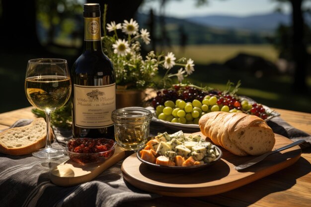 Picknick auf dem Hügel, Käse, Wein und Lachen, generatives IA