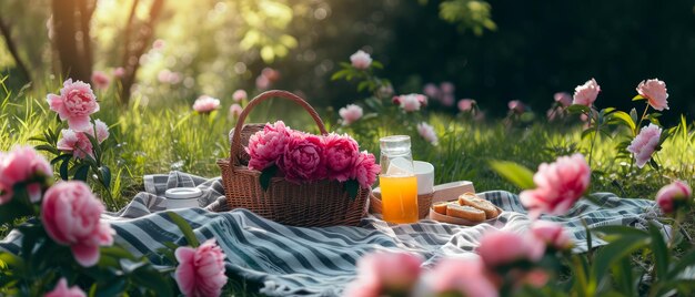 Picknick auf einer blühenden Pfeunenwiese Tischtuch auf dem Gras in einem Park Ruhe im Freien Frühstück auf der