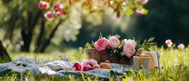 Picknick auf einer blühenden Pfeunenwiese Tischtuch auf dem Gras in einem Park Ruhe im Freien Frühstück auf der