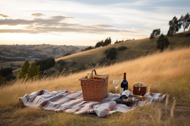 Picknick-Aufbau mit Korbdecke und einer Flasche Wein auf einem grasbewachsenen Hügel, erstellt mit generativer KI