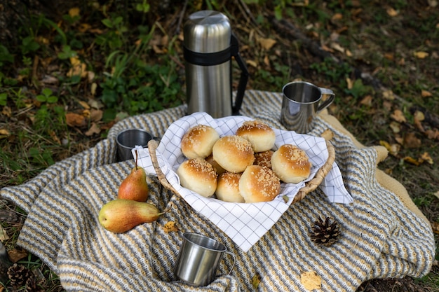 Picknick im Freien. Thermoskanne mit Tee Kaffee, leckere Brötchen