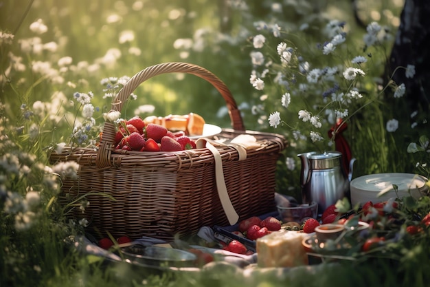 Picknick im Park mit einem Korb voller Erdbeeren