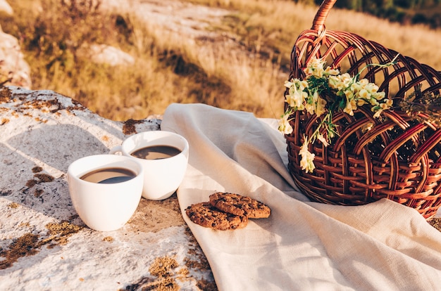 Picknick in der Natur, zwei Kaffeetassen und Schokoladenkekse