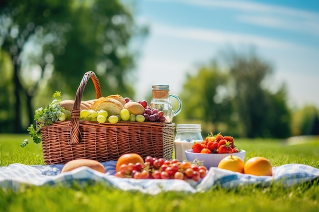 Picknick mit Obstkorb und Milchflasche. Genießen Sie einen frischen Picknickkorb mit viel Essen auf grünem Gras mit blauem Himmel im Park. Milchäpfel und Orangen, alles für das Mittagessen vorbereitet. KI-generiert