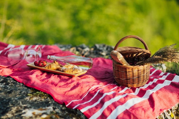 Picknick mit Wein, frischen Erdbeeren und Gebäck