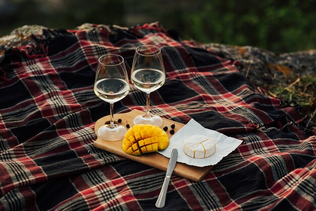 Picknick mit Weißwein, Käsebrie und köstlicher Mango auf einer karierten Tagesdecke auf Natur.