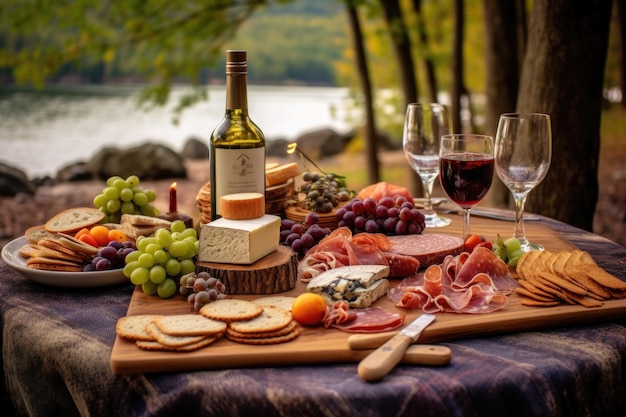 Picknick-Umgebung mit Fleischbrett und Wein, der mit generativer Ai hergestellt wurde