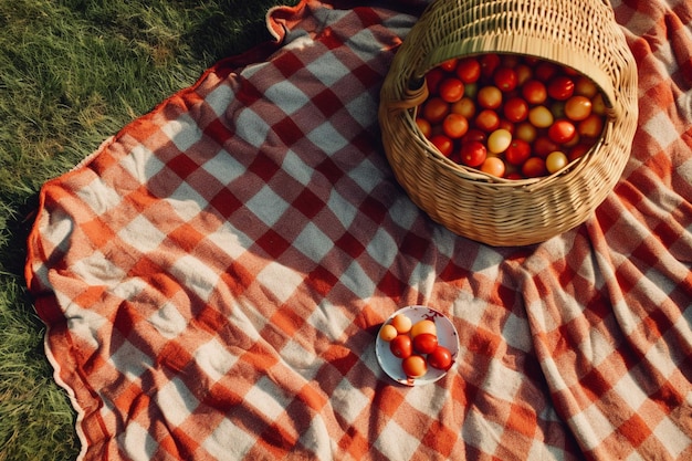 Picknickkorb auf einer Schachdecke im Park