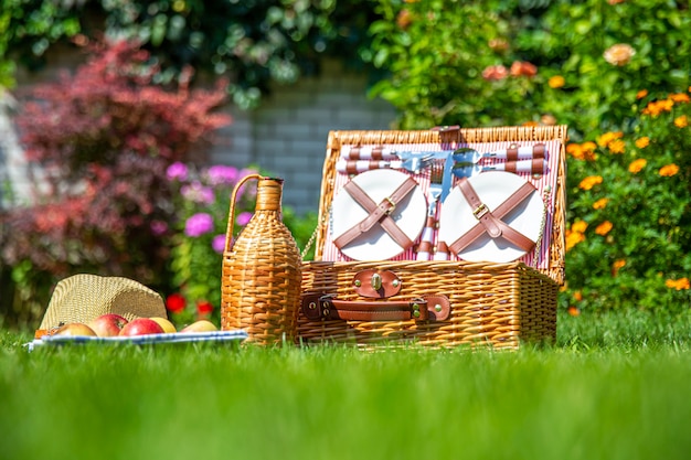 Picknickkorb auf grünem sonnigem Rasen im Park